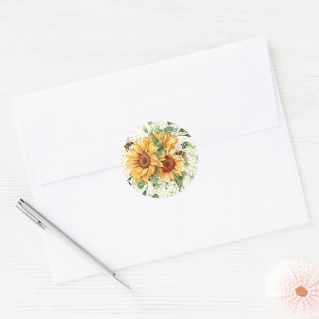 Sunflowers and bees  classic round sticker (Envelope)