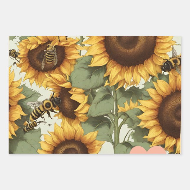 Sunflowers And Bees: Nature's Dance Wrapping Paper Sheet (Front)