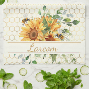 Sunflowers and bees personalized kitchen towel