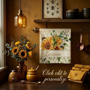 Sunflowers and bees personalized kitchen towel