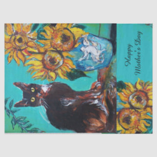 SUNFLOWERS AND BLACK CAT IN BLUE TEAL Mother's Day Tissue Paper
