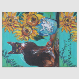 SUNFLOWERS AND BLACK CAT IN BLUE TEAL Mother's Day Tissue Paper