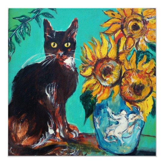 SUNFLOWERS AND BLACK CAT IN BLUE TEAL Summer Party Card
