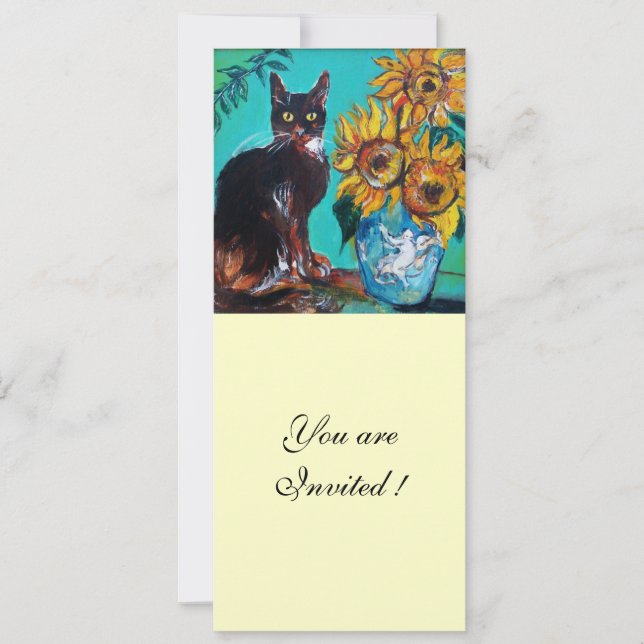SUNFLOWERS AND BLACK CAT IN BLUE TEAL Summer Party Invitation (Front)