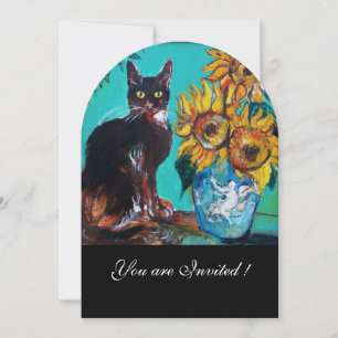 SUNFLOWERS AND BLACK CAT IN BLUE TEAL Summer Party Invitation