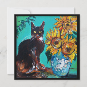 SUNFLOWERS AND BLACK CAT IN BLUE TEAL Summer Party Invitation