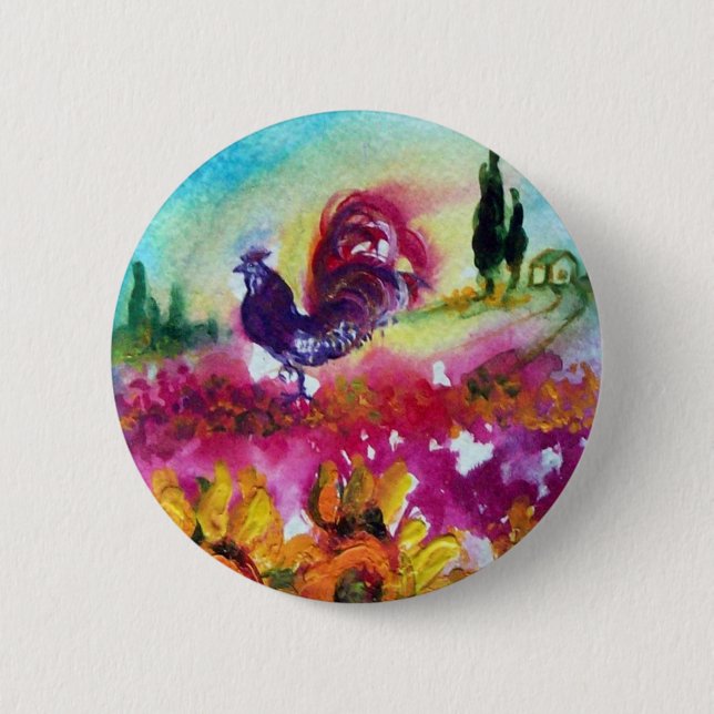SUNFLOWERS AND BLACK ROOSTER 2 INCH ROUND BUTTON (Front)