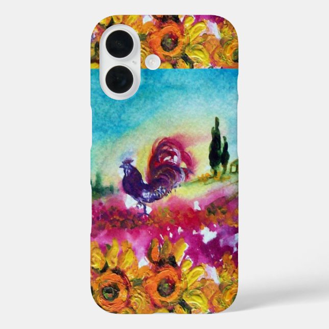 SUNFLOWERS AND BLACK ROOSTER IN TUSCANY LANDSCAPE Case-Mate iPhone CASE (Back)