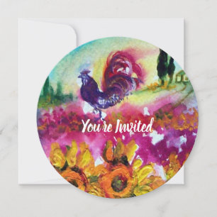SUNFLOWERS AND BLACK ROOSTER Rustic Landscape Invitation
