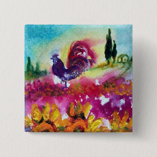 SUNFLOWERS AND BLACK ROOSTER Tuscany Landscape 2 Inch Square Button (Front)