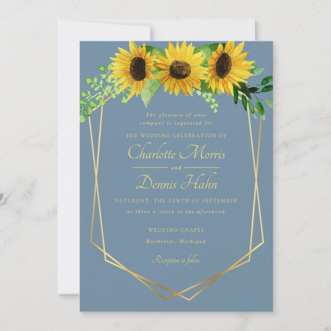 Sunflowers and blush blue wedding invitation (Front)