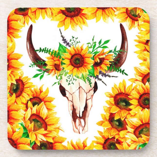 Sunflowers and Bull Skull  Coaster (Front)