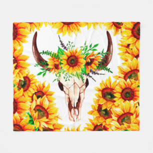 Sunflowers and Bull Skull Fleece Blanket