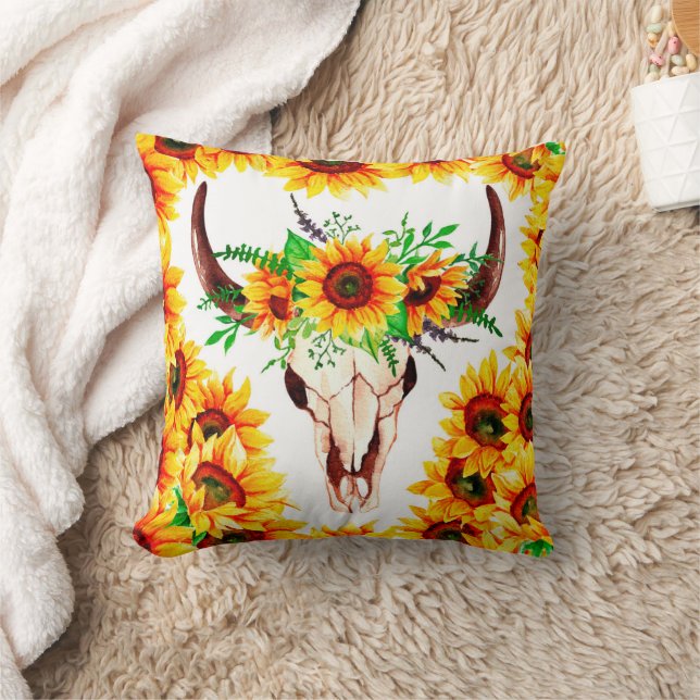 Sunflowers and Bull Skull Throw Pillow (Blanket)