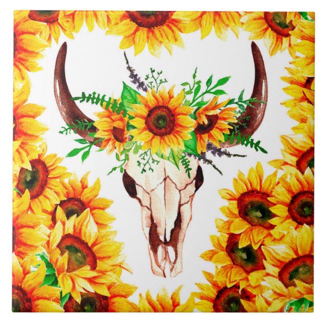 Sunflowers and Bull Skull Tile (Front)