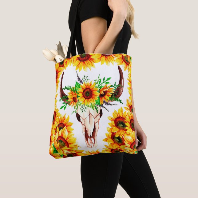 Sunflowers and Bull Skull Tote Bag (Close Up)