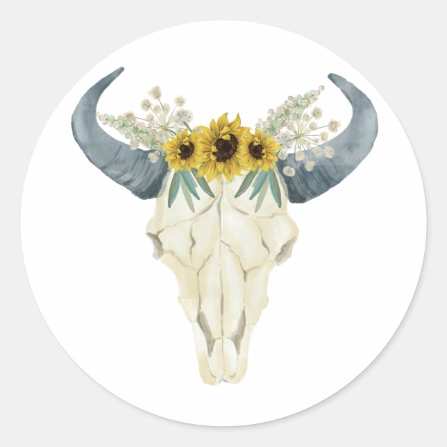 Sunflowers and Bull Skull Wedding Sticker (Front)