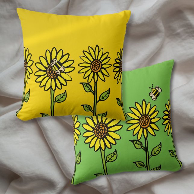 Sunflowers and Bumble Bee Bright Happy Throw Pillow (Sunflowers and Bumble Bee Bright Happy Throw Pillow)