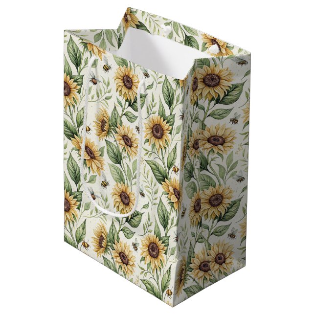 Sunflowers and Bumble Bees Floral Medium Gift Bag (Front Angled)