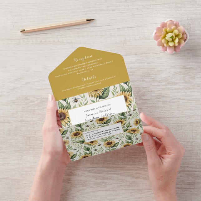 Sunflowers and Bumble Bees Wedding All In One Invitation (Video)