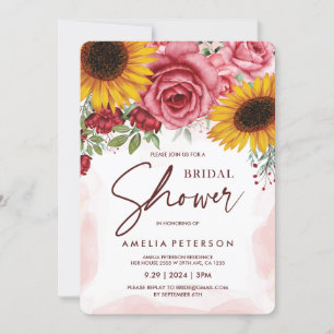 Sunflowers and Burgundy Red Roses Bridal Shower Invitation
