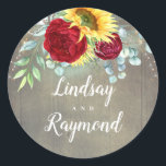 Sunflowers and Burgundy Red Roses Rustic Wedding Classic Round Sticker<br><div class="desc">Sunflowers and burgundy red peonies and roses rustic country fall wedding seals</div>