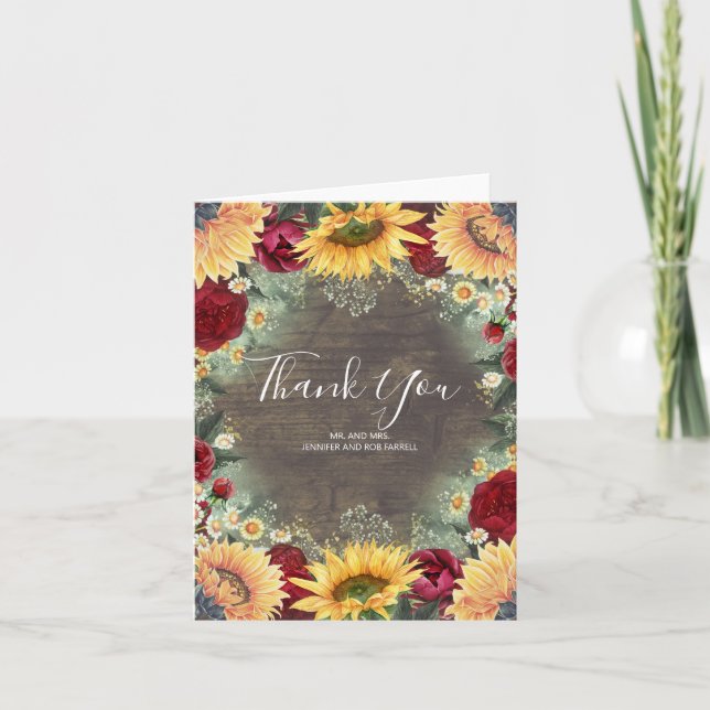 Sunflowers and Burgundy Rose Rustic Fall Thank You Card (Front)