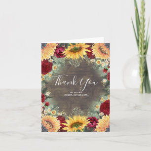 Sunflowers and Burgundy Rose Rustic Fall Thank You Card