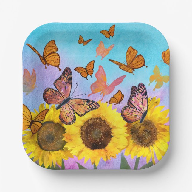 Sunflowers and Butterflies Colourful Yellow Brown Paper Plate (Front)