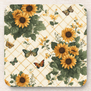Sunflowers and Butterflies on Light Yellow Coaster
