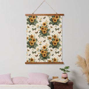 Sunflowers and Butterflies on Light Yellow Hanging Tapestry