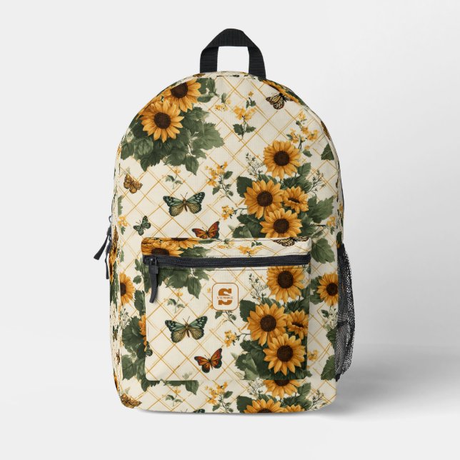 Sunflowers and Butterflies on Light Yellow Printed Backpack (Front)