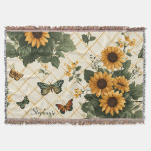 Sunflowers and Butterflies on Light Yellow Throw Blanket