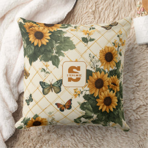 Sunflowers and Butterflies on Light Yellow Throw Pillow