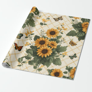 Sunflowers and Butterflies on Light Yellow Wrapping Paper
