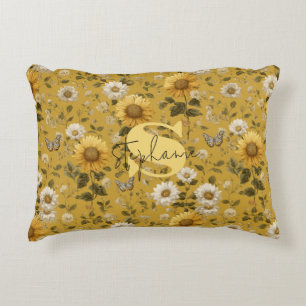 Sunflowers and Butterflies on Yellow Background 1 Accent Pillow