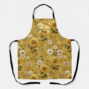 Sunflowers and Butterflies on Yellow Background 1 Apron