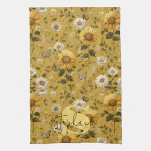 Sunflowers and Butterflies on Yellow Background 1 Kitchen Towel
