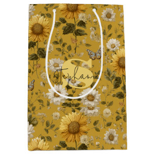 Sunflowers and Butterflies on Yellow Background 1 Medium Gift Bag