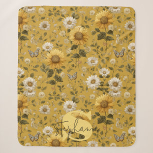 Sunflowers and Butterflies on Yellow Background 1 Sherpa Blanket