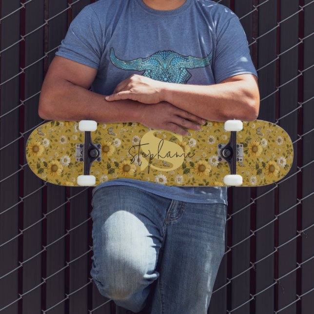 Sunflowers and Butterflies on Yellow Background 1 Skateboard (Outdoor 3)