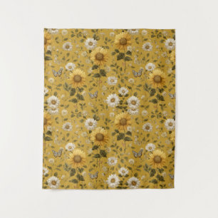 Sunflowers and Butterflies on Yellow Background 1 Tapestry