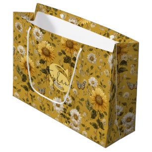 Sunflowers and Butterflies on Yellow Background Large Gift Bag