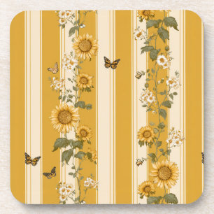 Sunflowers and Butterflies on Yellow Stripes (2) Coaster