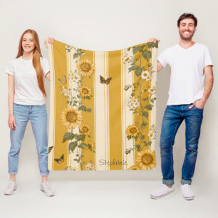 Sunflowers and Butterflies on Yellow Stripes (2) Fleece Blanket