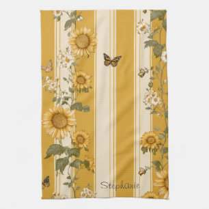 Sunflowers and Butterflies on Yellow Stripes (2) Kitchen Towel