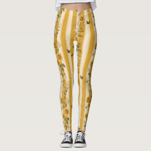 Sunflowers and Butterflies on Yellow Stripes (2) Leggings