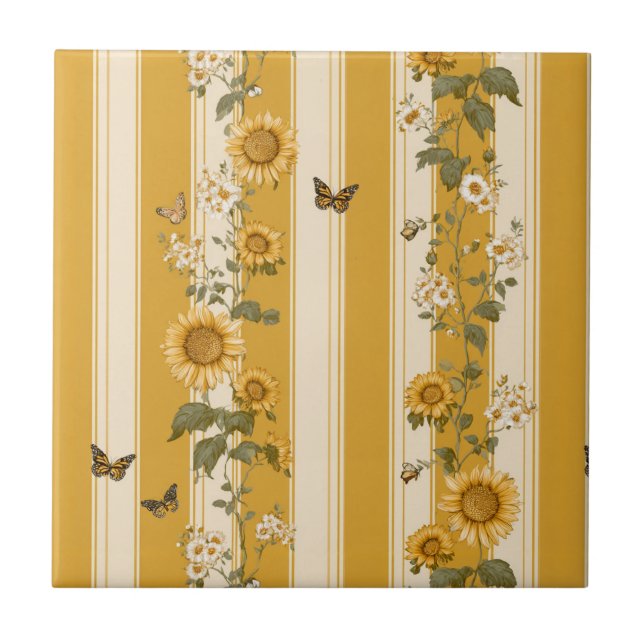 Sunflowers and Butterflies on Yellow Stripes (2) Tile (Front)