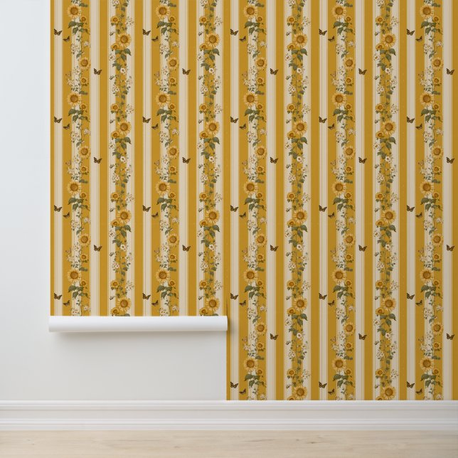 Sunflowers and Butterflies on Yellow Stripes (2) Wallpaper (Application)