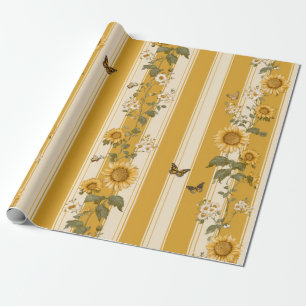 Sunflowers and Butterflies on Yellow Stripes (2) Wrapping Paper